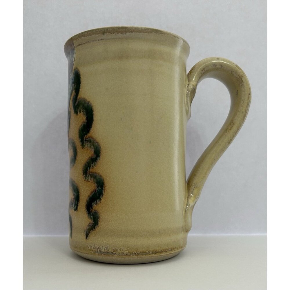 Studio Pottery Mug Tall 5 1/2 inches Drip Glaze Beige Brown Blue Signed Glosssy - Picture 3 of 16